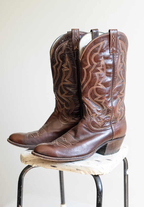 Vintage Dan Post Brown Leather Cowboy Boots: Embroidered Roper, Mens 10