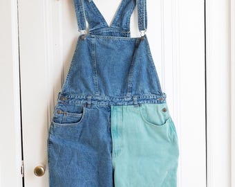 90s Colorblock Denim Overalls Shorts - Vintage Bugle Boy - Size L