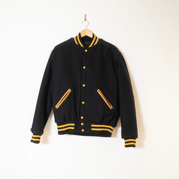 Vintage L or XL Varsity Jacket Wool with Chainstitch Detail Black Wool Bomber / Lined Vintage Varsity Coat Basketball coat black and yellow