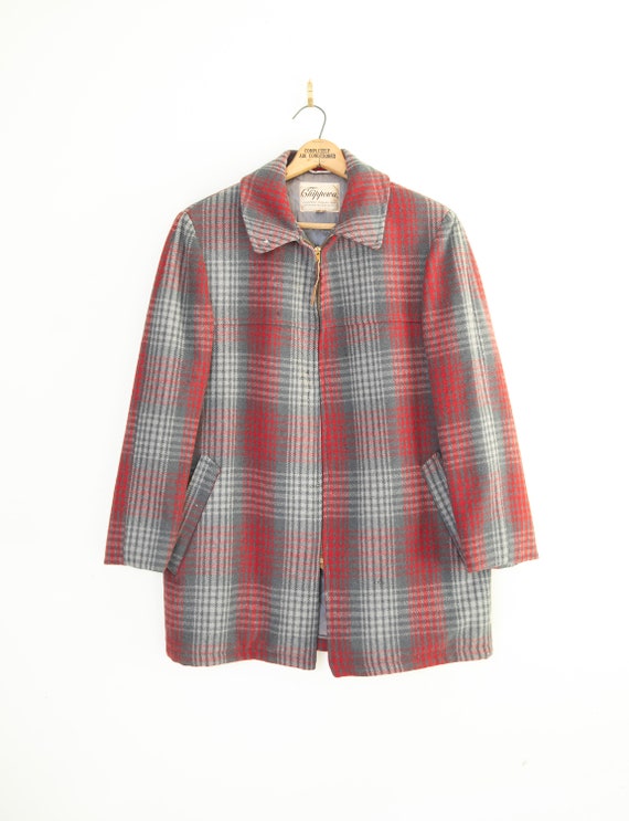 Vintage Gray Plaid Wool red wool field jacket zip… - image 1