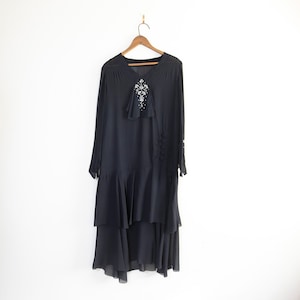 1920s / 30s Sheer Navy Blue flapper dress  / Drop waist organza satin sheer thirties beaded dress / drop waist silhouette
