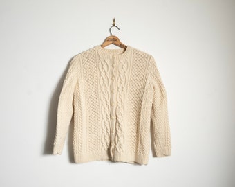 Vintage Hand Knit Irish Wool Cardigan: Fisherman Cable Knit Sweater
