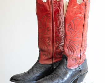 Vintage Red and Black Leather Vintage Tall Cowboy Boots with Embroidered detail Mens 10.5 by Nocona Drover / leather sole made in USA