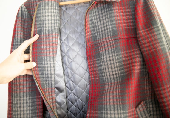 Vintage Gray Plaid Wool red wool field jacket zip… - image 7