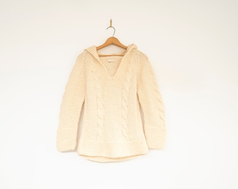 Vintage Hand Knit Irish Wool Cardigan: Fisherman Cable Knit Sweater