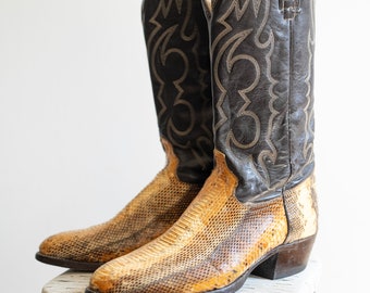 Vintage Brown Leather and Snakeskin Vintage Cowboy Boots with Embroidered detail Mens 10.5 by Imperial / 70s style leather sole made in USA