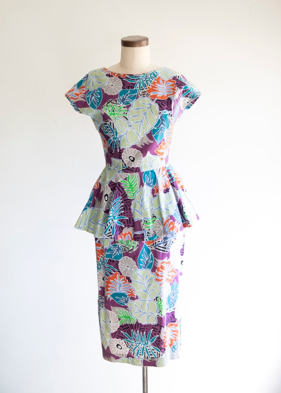 1980s vintage peplum print floral fit and flare d… - image 1