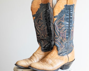 Vintage Brown and Black Leather Vintage Cowboy Boots with Embroidered detail Mens 10 / classic 1970s style timeless pointed toe