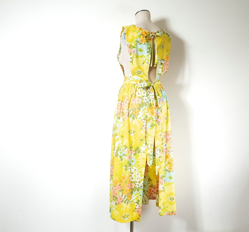 1960s Yellow Floral Apron Bib Maxi Dress / Yellow Floral Vintage Femme