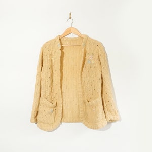 Vintage Wool Sheer Yellow Cardigan with floral embroidery / Medium Jumper 1960s sweater /  Wool Sweater 1960s / Embroidered Cardigan