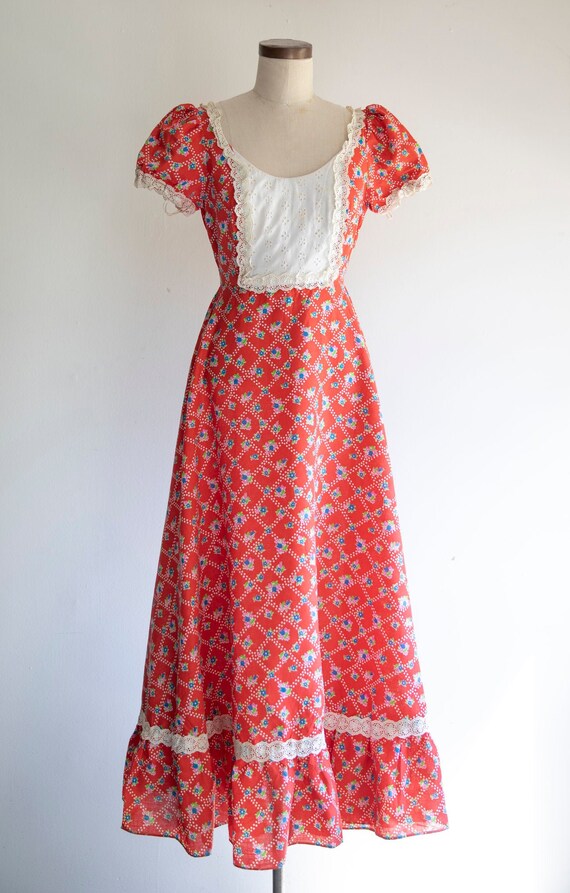 1970s Red Calico Vintage Gunne Sax style prairie dres… - Gem