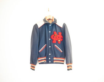 Vintage Medium or Small Varsity Jacket Wool with Chainstitch faded Detail Blue Wool Bomber / Lined Vintage Varsity wool and leather coat