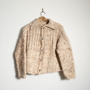Off white Vintage L Fisherman Style Cable Knit wool Cardigan button up Irish Knit Flannery made in Ireland Hand knit Sweater Coat shacket