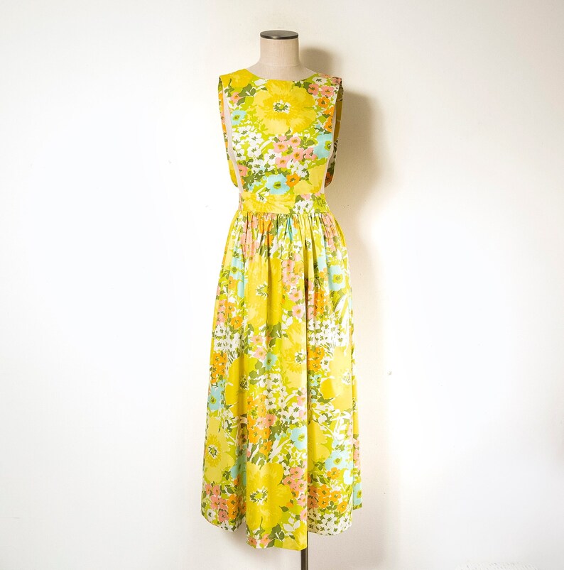 1960s Yellow Floral Apron Bib Maxi Dress / Yellow Floral Vintage Femme