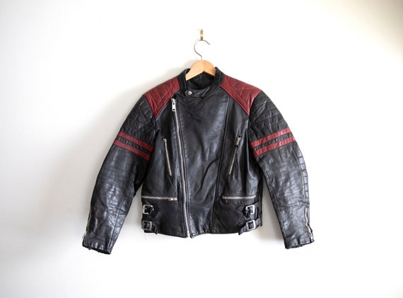 Vintage Med / Medium Black and Red Leather Biker Jacket | Etsy