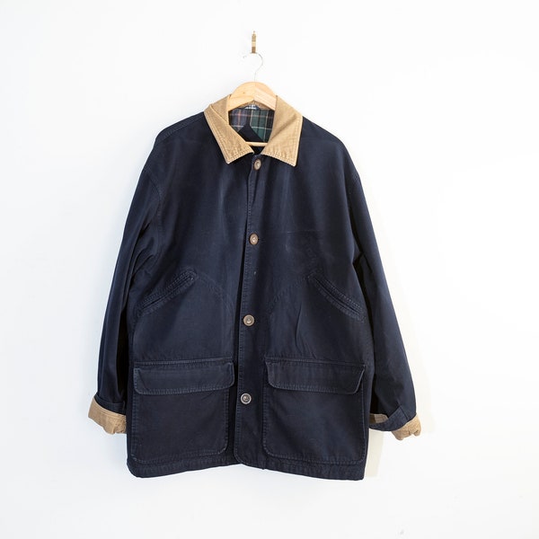 LL Bean Style Large Navy Blue cotton barn coat flannel lining button down corduroy collar jacket cotton vintage field jacket workwear L