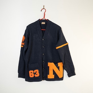 1960's Wool Varsity Sweater L V cuello 100% lana Blue V chainstitch chenille carta / ajustado retro 50's suéter de punto universitario vintage
