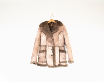 Abrigo de piel de oveja vintage de los años 70: chaqueta de ante de piel de cordero hecha a mano, talla mediana