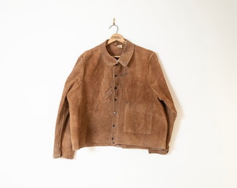 Vintage afligido forrado marrón Buckskin cuero chaqueta de soldadura XL / grande marrón Easy jinete cuero ante abrigo desgastado tarea
