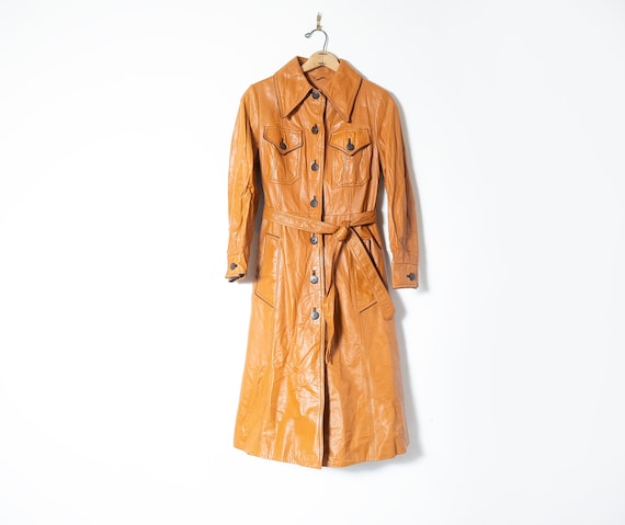 Vintage 70s Orange Leather Trench Coat: Distresse… - image 1