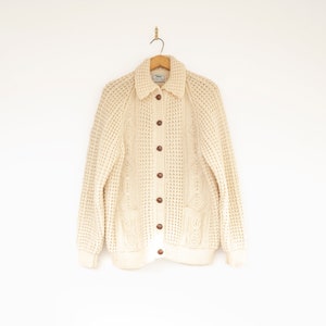 Vintage L Fisherman Style Cable Knit wool Cardigan button up Irish Knit Blarney made in Ireland Hand knit Sweater shacket knot button Lg