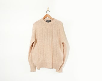 Beautiful Vintage Wool lightweight cable knit Sweater authentic / cable knit jumper Medium Preppy khaki tan wool