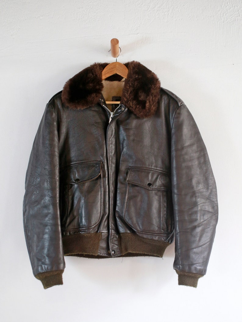 Vintage Cooper A2 Brown Leather Aviator Made In Usa Lined Jacket Large 44 80s Er Flight Fitted R Shearling Collar