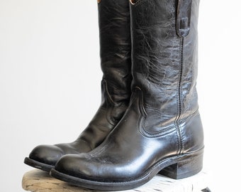 Vintage black leather minimal roper motorcycle boot by Nocona mens 9 1/2 9.5 / black leather 1960s riding boot / made in USA / vintage boot