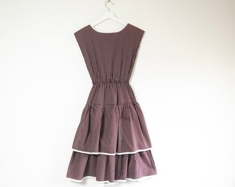 1960s Striped Cotton Fit & Flare Dress: Pleated Vintage Day Dress (Size 6 or 8)