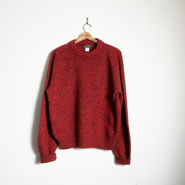 Bright Red wool Eddie Bauer knit sweater in marled red crew neck XL Tall / XL fitted red wool jumper L.L. Bean minimal / rustic workwear