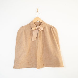 Womens Vintage Victorian Wool Cape with satin ribbon / 1910s 10s Wool Poncho Camel Brown wool with hand sewn details