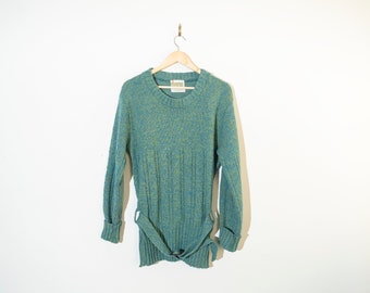 Sweter z mieszanki wełny w stylu vintage z paskiem: zielony splot kablowy, dopasowany w stylu lat 70.
