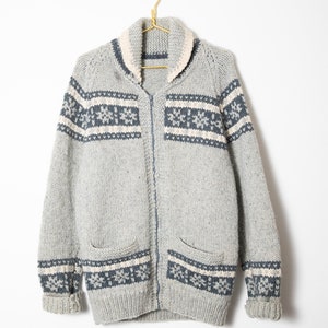 Authentic Cowichan Wool Knit Jacket Sweater Large / snowflake / zipper Sweater coat Handknit Rustic Jumper Zip up thick winter handmade
