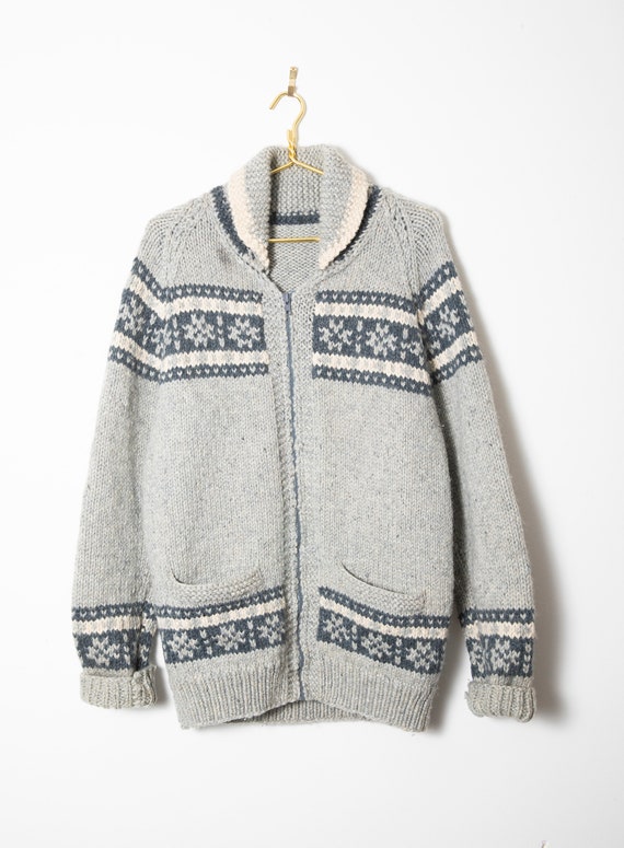 Authentic Cowichan Wool Knit Jacket Sweater Large / snowflake / zipper  Sweater coat Handknit Rustic Jumper Zip up thick winter handmade