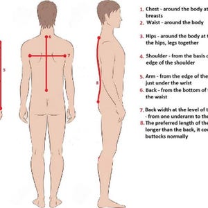 May include: Diagram illustrating body measurements for clothing. The image shows a front, back, and side view of a person with red lines indicating chest, waist, hip, shoulder, arm, back, back width, and jacket length measurements.