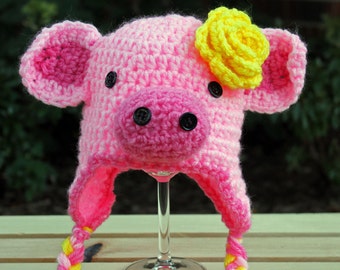 Crochet Pig Hat, Photo Prop, Baby Hat, Handmade