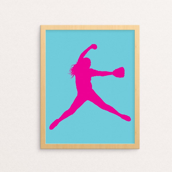 Softball Wall Art PRINTABLE  | Softball Fast Pitch | Aqua, Hot Pink | Girl Wall Decor | Instant Digital Download | Kid Art Print | Playroom