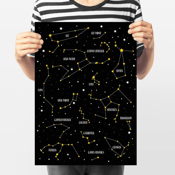 Constellation Print | Constellation Poster | Star Map | Black Printable Art | Kids Illustration | Kids Room Decor | Space Art | Outer Space