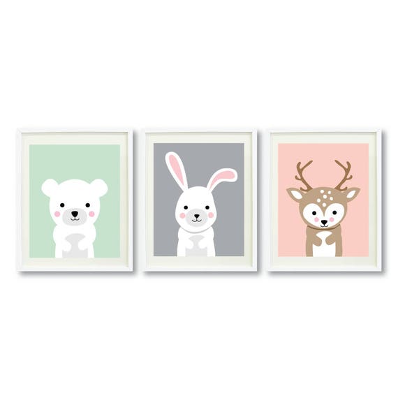 Nursery PRINTABLE Wall Art Print Set of 3 Bear Bunny Deer | Etsy