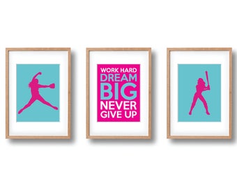 Softball Wall Art PRINTABLE Set of 3 | Softball Player Print | Hot Pink, Aqua | Girl Wall Decor | Instant Digital Download | Kid Art Print