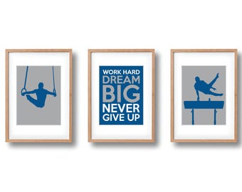 Boy's Gymnastics Wall Art PRINTABLE Set of 3  | Men's Gymnastics Print | Grey, Blue | Boy Wall Decor | Instant Digital Download | Kids Art