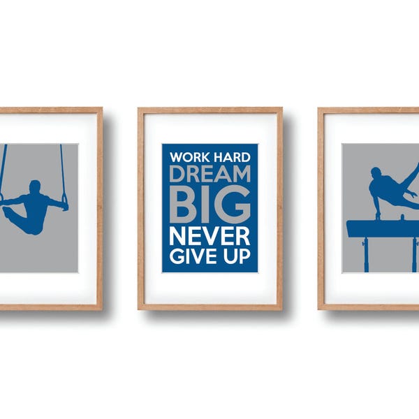 Gymnastique de garçon mural Art imprimable ensemble de 3 | Impression de gymnastique hommes | Gris, bleu | Décoration murale garçon | Téléchargement | Art pour enfants