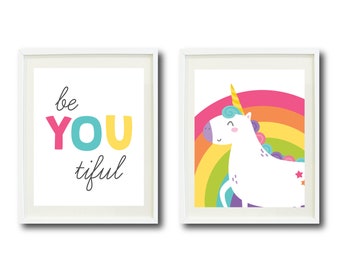 Unicorn, Rainbow PRINTABLE Wall Art | beYOUtiful Print | Cute Print Set of 2 | Nursery Wall Decor | Instant Digital Download | Girls Room