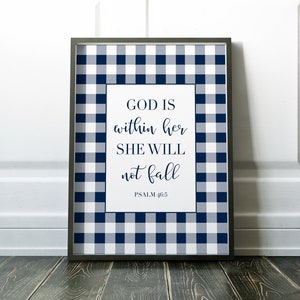 L’écriture Art mural | Dieu est au milieu d’elle, elle ne tombera pas, Psaume 46:5 | Bible verset Art mural | Marine et blanc imprimable | Chèque à carreaux Buffalo