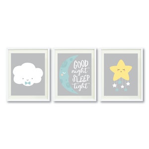 Cloud, Moon, Star PRINTABLE Wall Art | Cute Print Set of 3 | Nursery Wall Decor | Instant Digital Download | Kids | Goodnight Sleep Tight