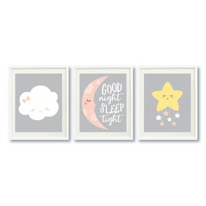 Cloud, Moon, Star PRINTABLE Wall Art | Cute Print Set of 3 | Baby Girl Nursery Wall Decor | Instant Digital Download | Goodnight Sleep Tight