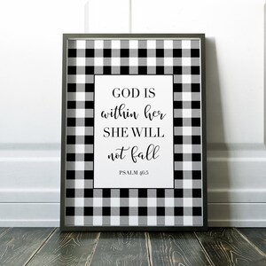 Scripture Wall Art | God Is Within Her She Will Not Fall, Psalm 46:5 | Bible Verse Wall Art | Black & White Printable | Buffalo Plaid Check