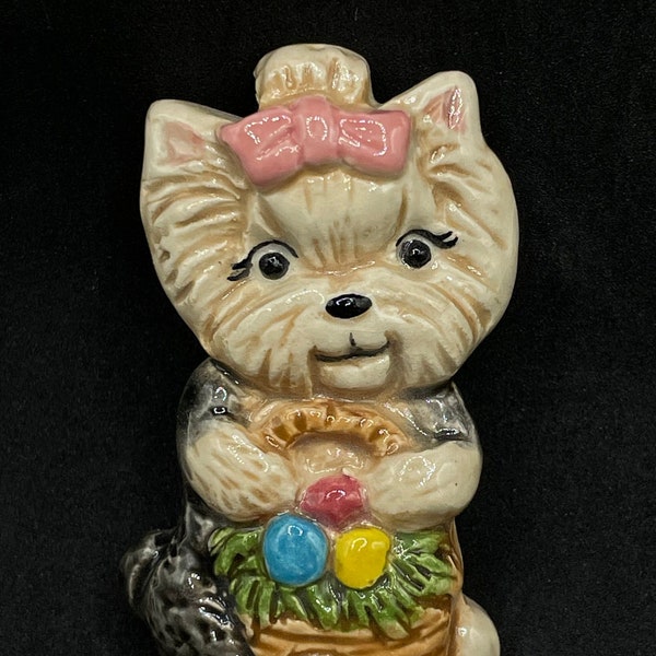 Easter Basket Yorkie Yorkshire Terrier Dog Ceramic brooch by Artist Tanya Lane