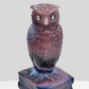 Vintage 50&#39;s Westmoreland Glass Wise Old Owl on books purple slag glass painted eyes MCM