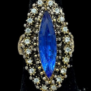 Vintage Statement Blue Marquise Rhinestone cluster cocktail ring adjustable Mod MCM Glam